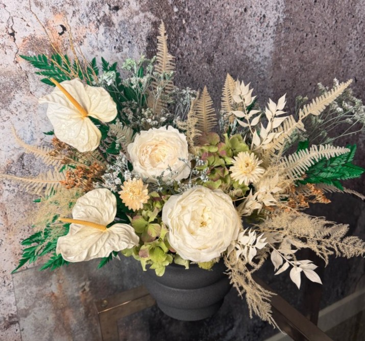 Black vase with White Preserved Peonies and Anturiums