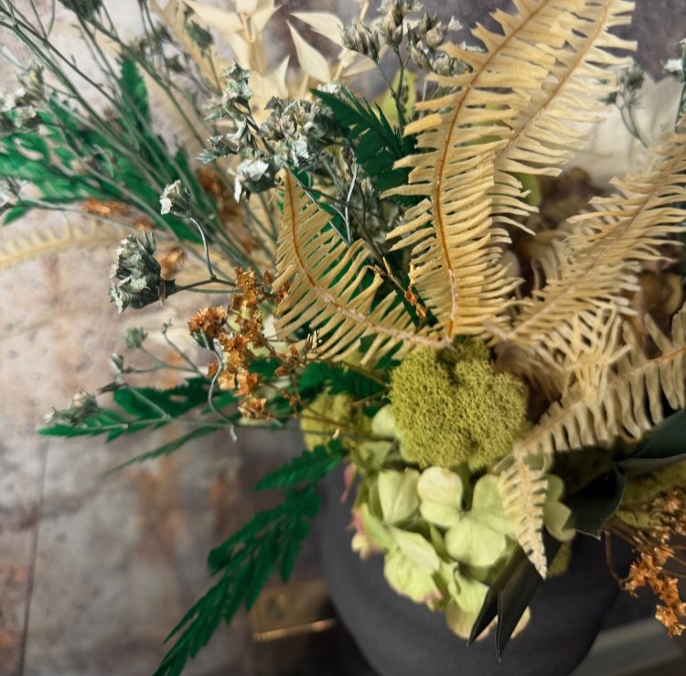 Black vase with White Preserved Peonies and Anturiums