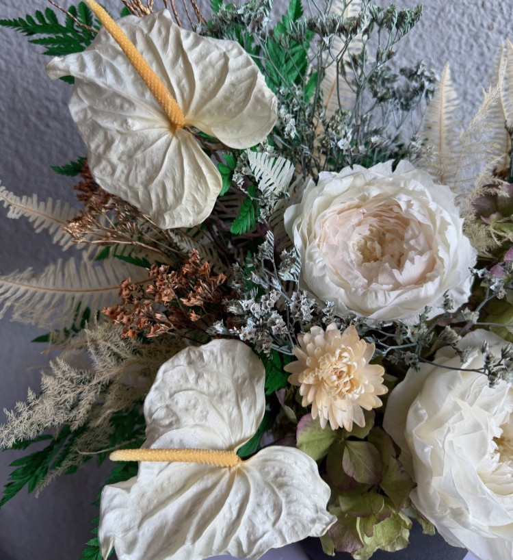 Black vase with White Preserved Peonies and Anturiums