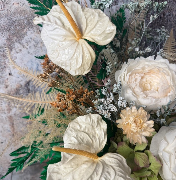 Black vase with White Preserved Peonies and Anturiums
