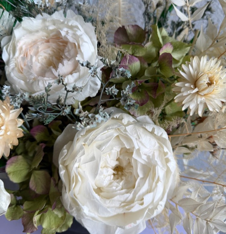 Black vase with White Preserved Peonies and Anturiums