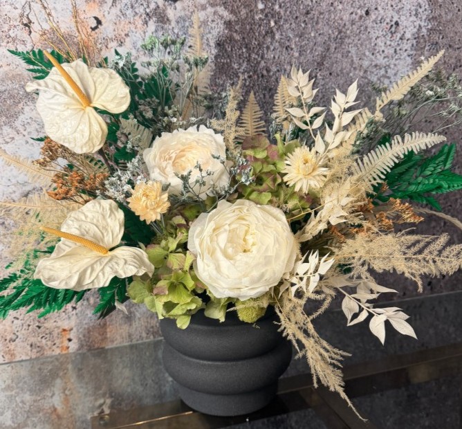 Black vase with White Preserved Peonies and Anturiums