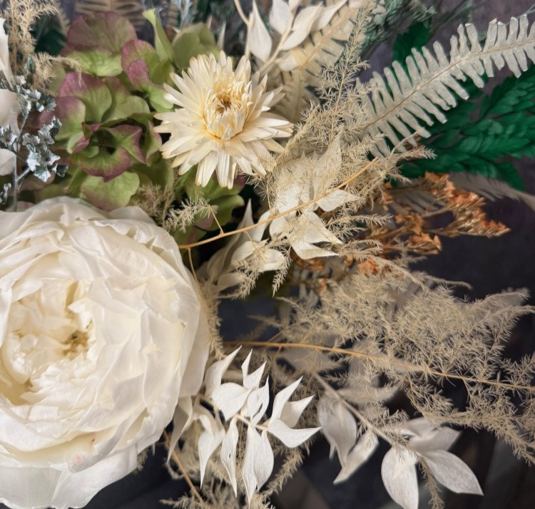 Black vase with White Preserved Peonies and Anturiums
