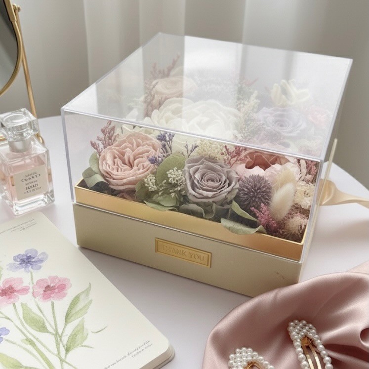 Luxury Acrylic box with Preserved Peony and Roses
