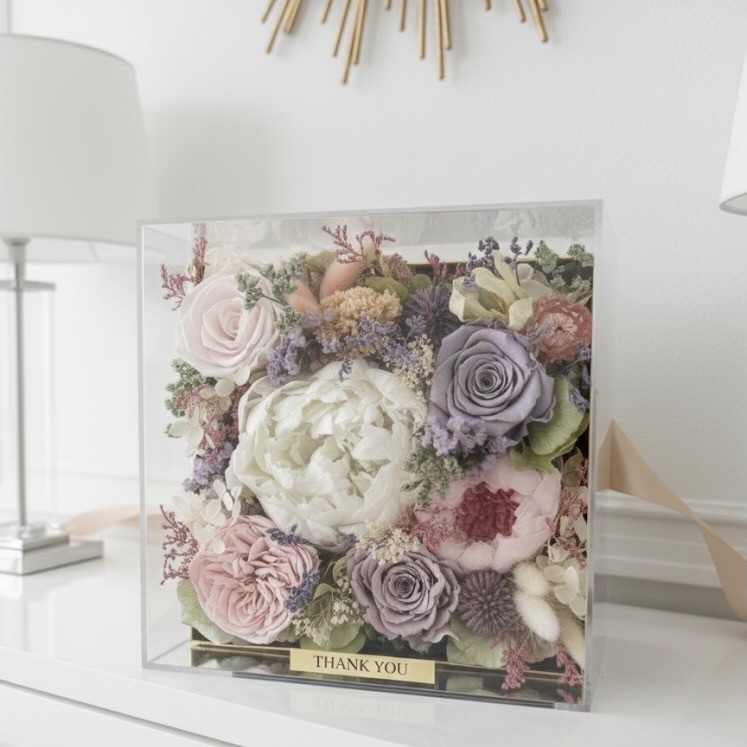 Luxury Acrylic box with Preserved Peony and Roses