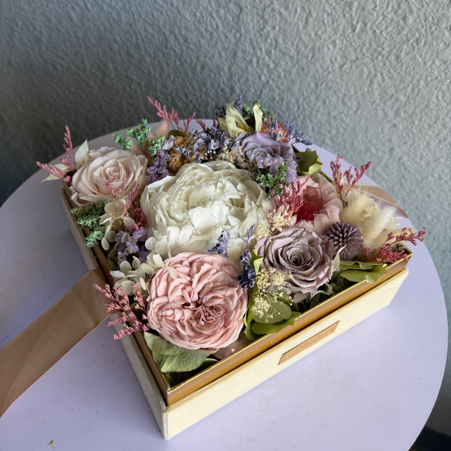 Luxury Acrylic box with Preserved Peony and Roses