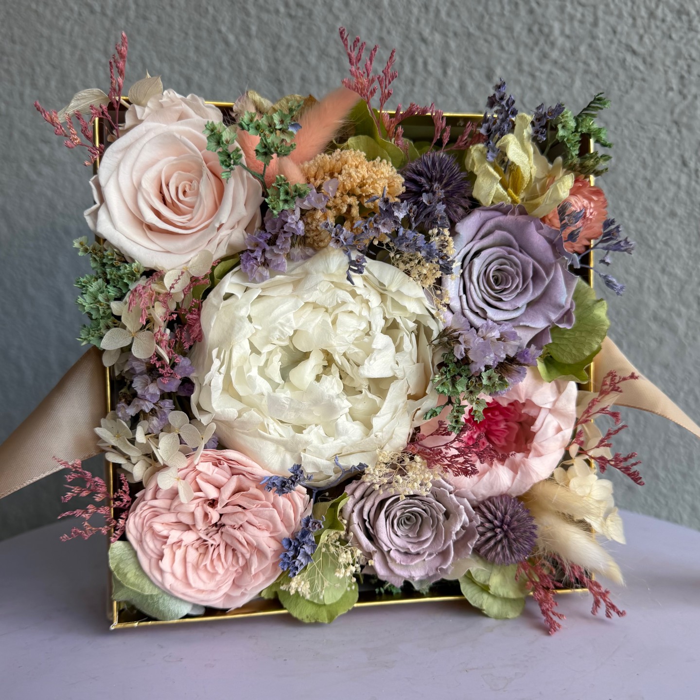 Luxury Acrylic box with Preserved Peony and Roses