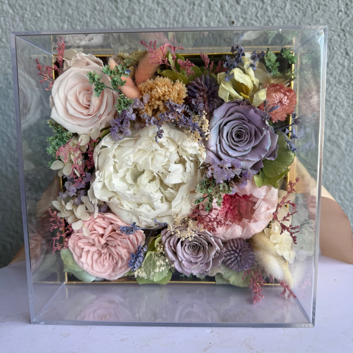 Luxury Acrylic box with Preserved Peony and Roses