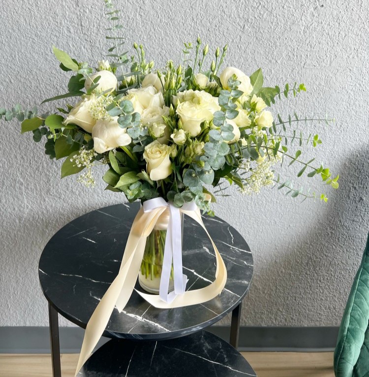White Peony Love Bridal Bouquet (Peonies, Roses, Spray Roses, Lisianthus, Gypsophila)