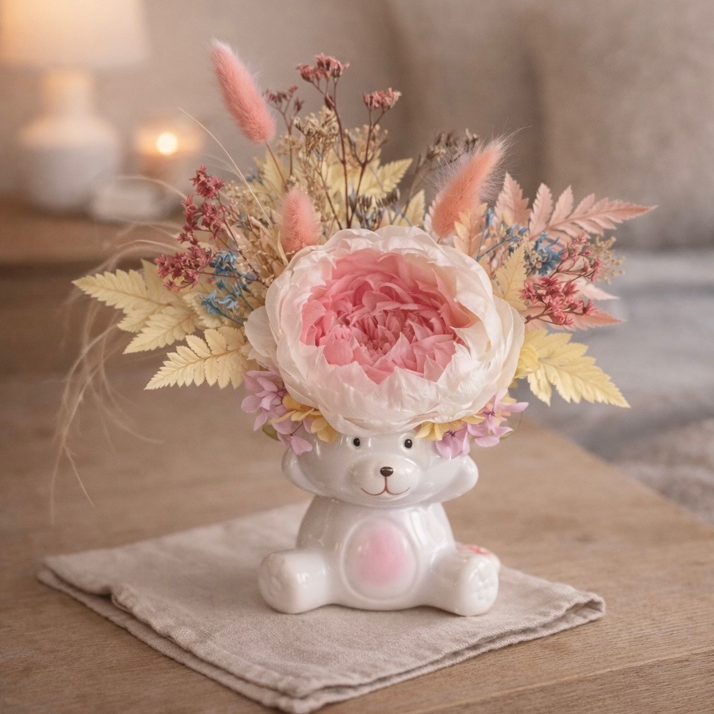 Bear Vase with Preserved Peony
