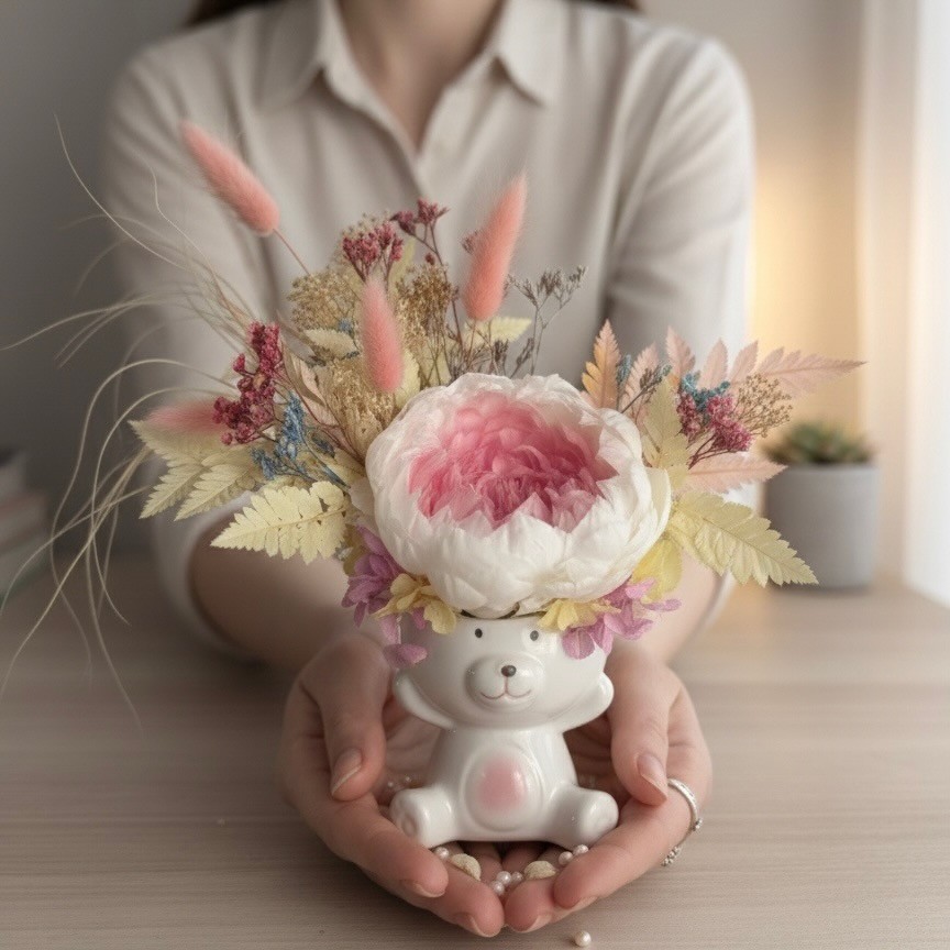 Bear Vase with Preserved Peony
