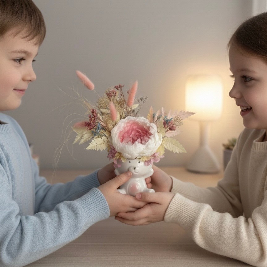 Bear Vase with Preserved Peony