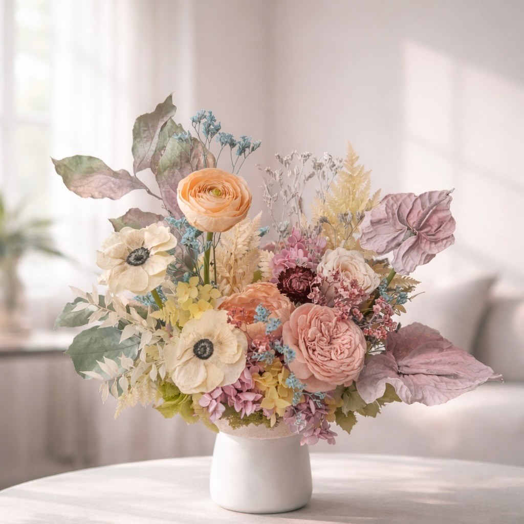 ANNA collection with preserved peony, ranunculus, anemones, anturiums in ceramic vase