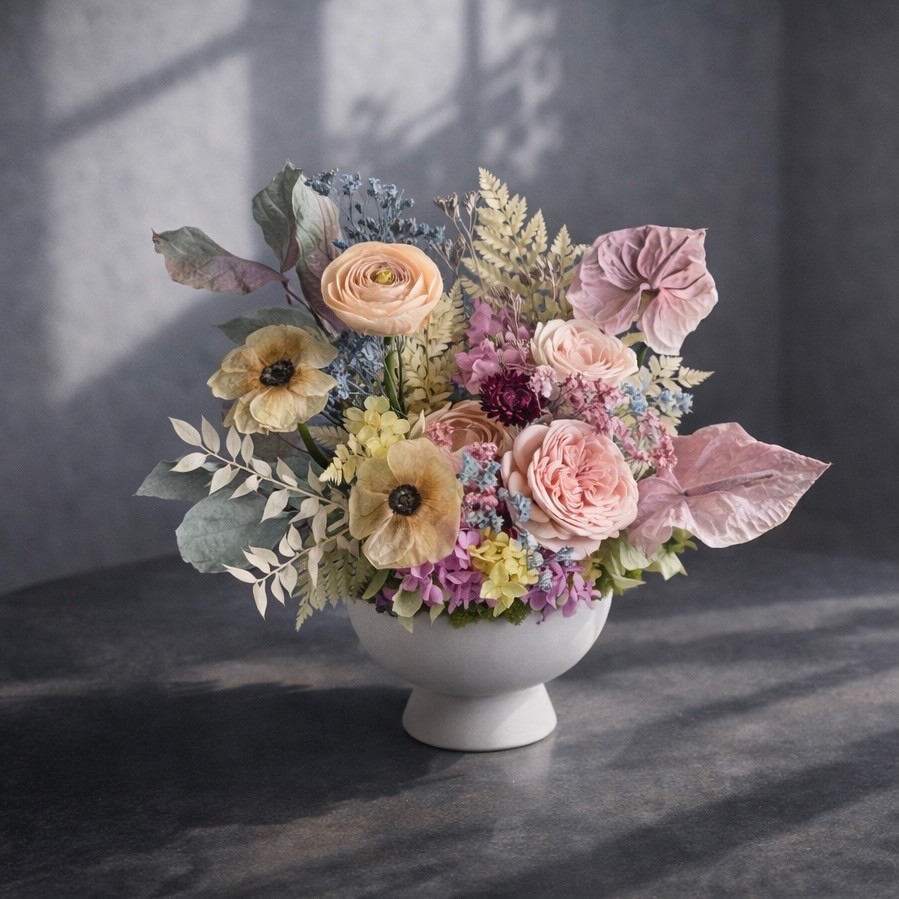 ANNA collection with preserved peony, ranunculus, anemones, anturiums in ceramic vase