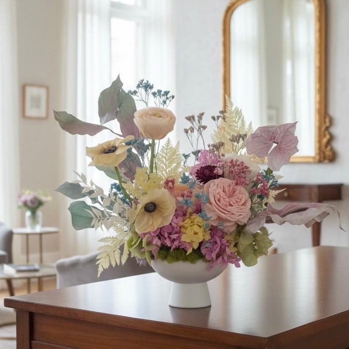 ANNA collection with preserved peony, ranunculus, anemones, anturiums in ceramic vase