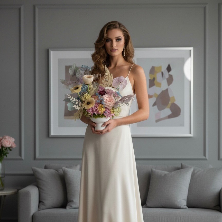 ANNA collection with preserved peony, ranunculus, anemones, anturiums in ceramic vase