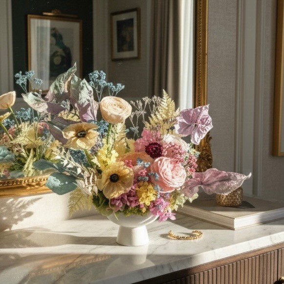 ANNA collection with preserved peony, ranunculus, anemones, anturiums in ceramic vase