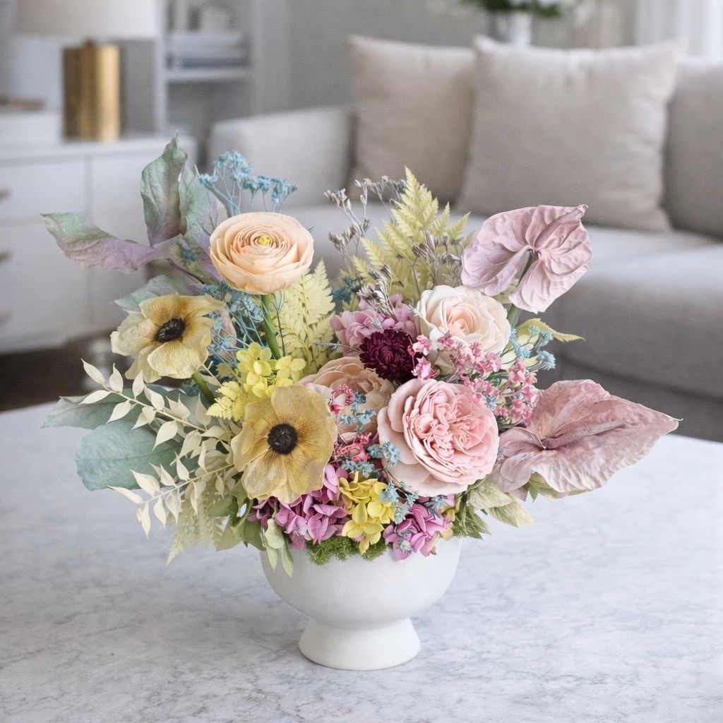 ANNA collection with preserved peony, ranunculus, anemones, anturiums in ceramic vase