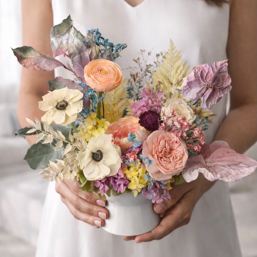ANNA collection with preserved peony, ranunculus, anemones, anturiums in ceramic vase