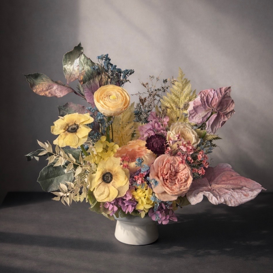 ANNA collection with preserved peony, ranunculus, anemones, anturiums in ceramic vase