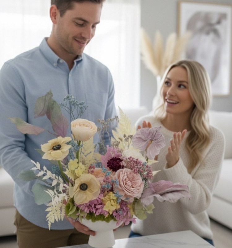 ANNA collection with preserved peony, ranunculus, anemones, anturiums in ceramic vase