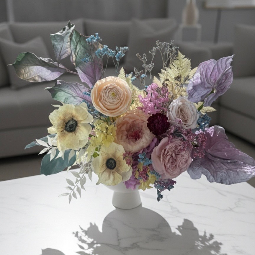 ANNA collection with preserved peony, ranunculus, anemones, anturiums in ceramic vase