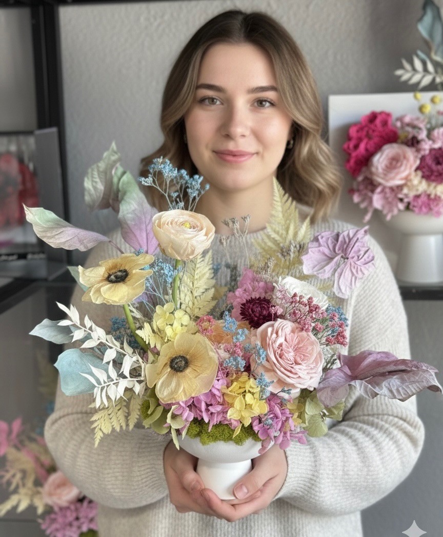 ANNA collection with preserved peony, ranunculus, anemones, anturiums in ceramic vase