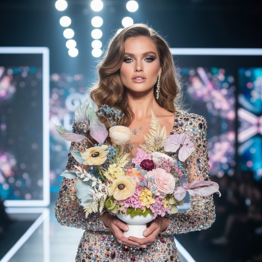 ANNA collection with preserved peony, ranunculus, anemones, anturiums in ceramic vase