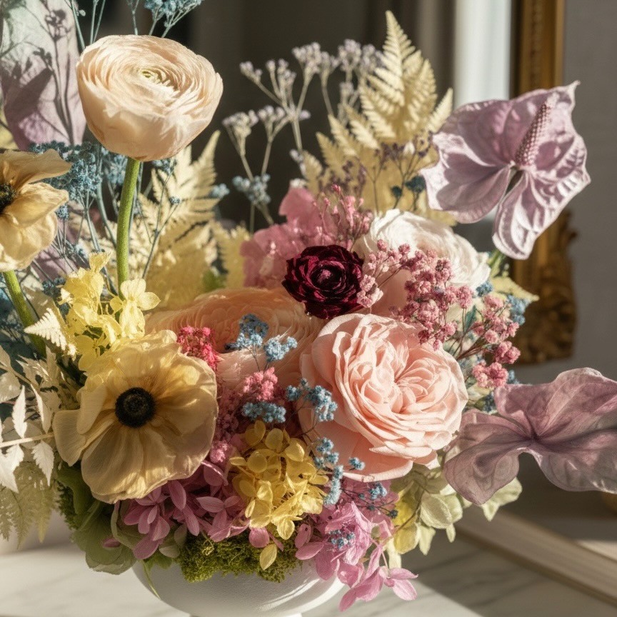 ANNA collection with preserved peony, ranunculus, anemones, anturiums in ceramic vase