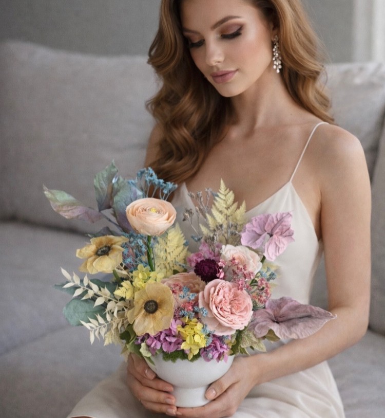 ANNA collection with preserved peony, ranunculus, anemones, anturiums in ceramic vase