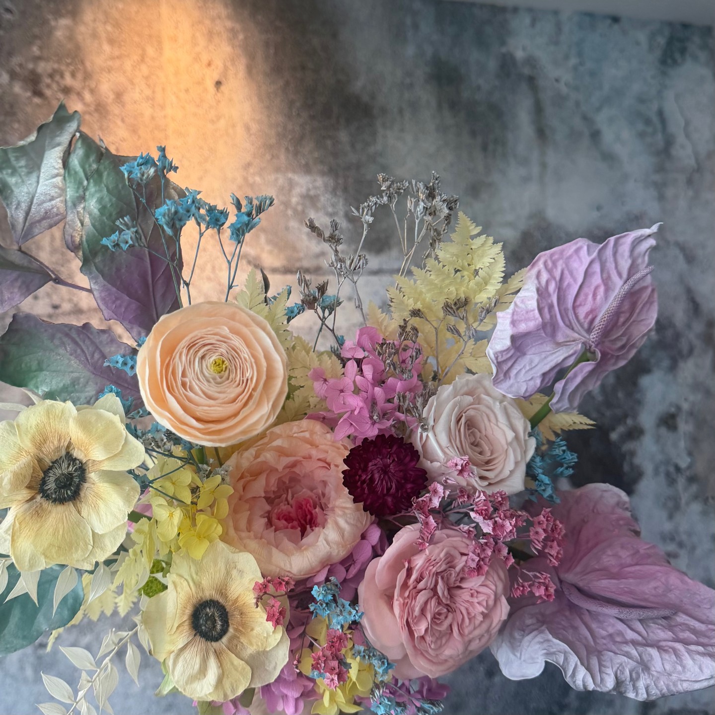 ANNA collection with preserved peony, ranunculus, anemones, anturiums in ceramic vase