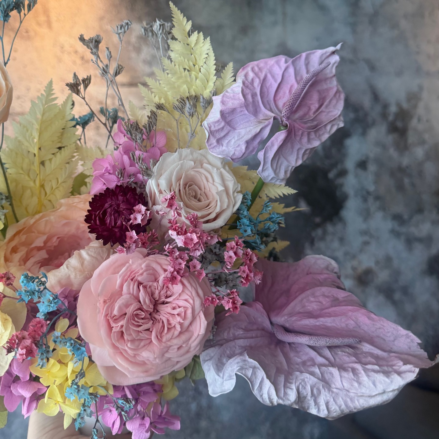 ANNA collection with preserved peony, ranunculus, anemones, anturiums in ceramic vase