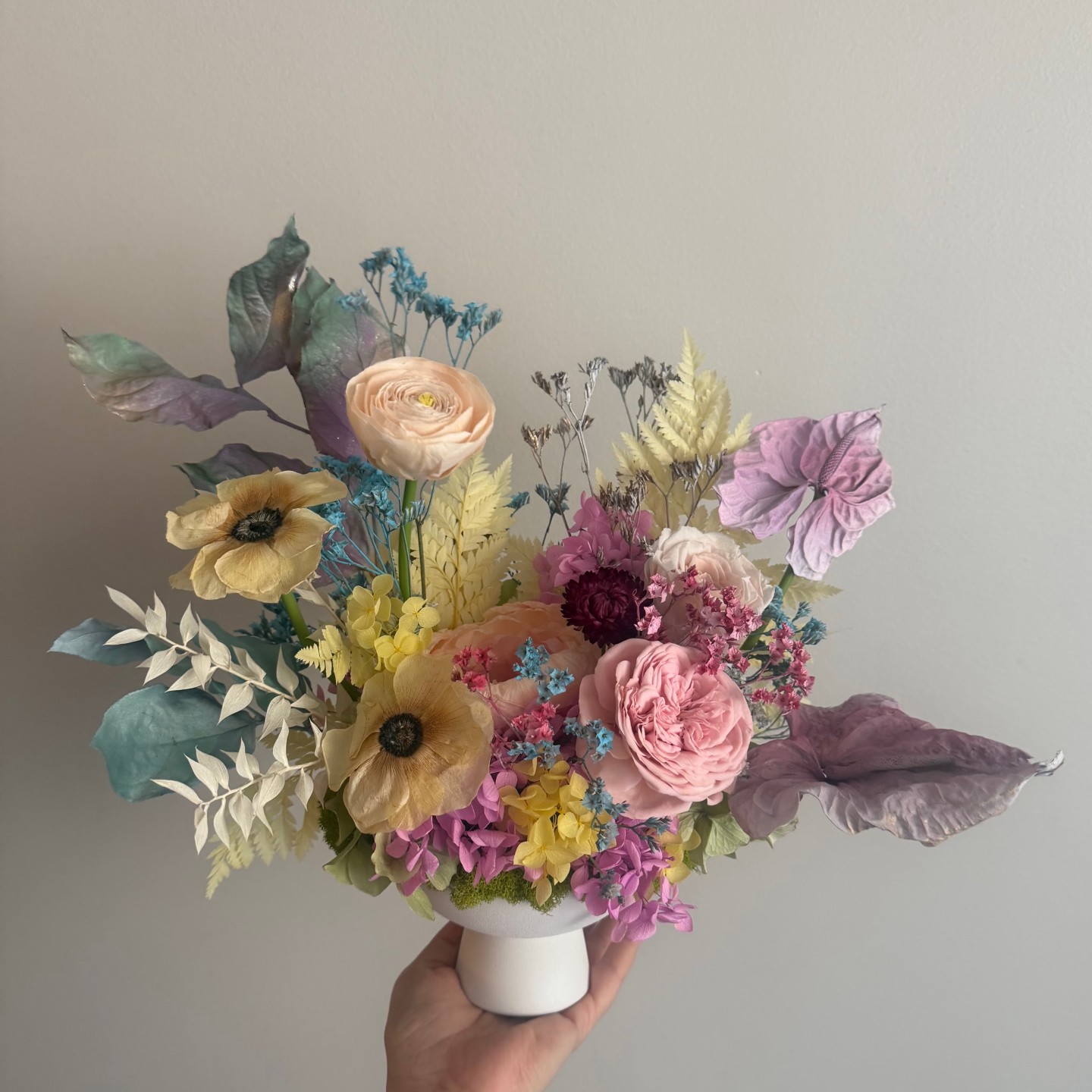 ANNA collection with preserved peony, ranunculus, anemones, anturiums in ceramic vase