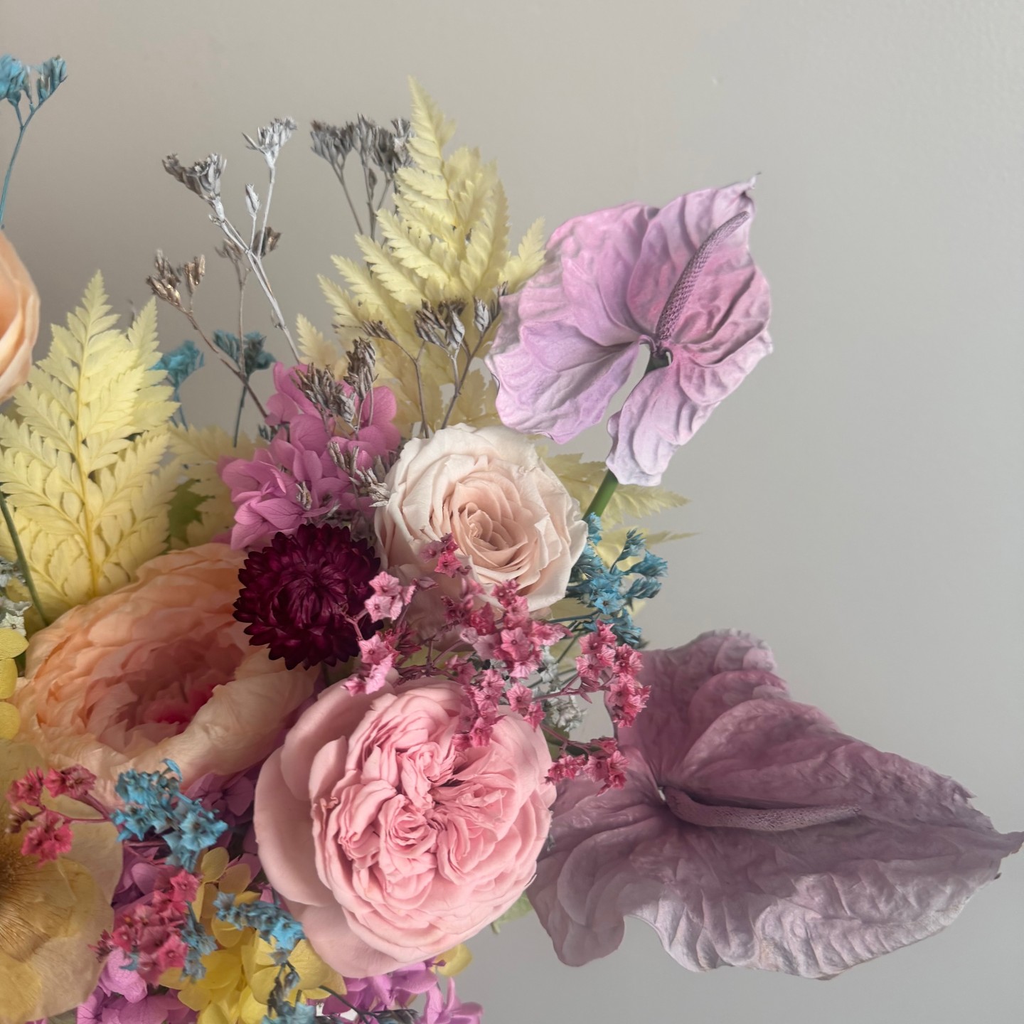 ANNA collection with preserved peony, ranunculus, anemones, anturiums in ceramic vase