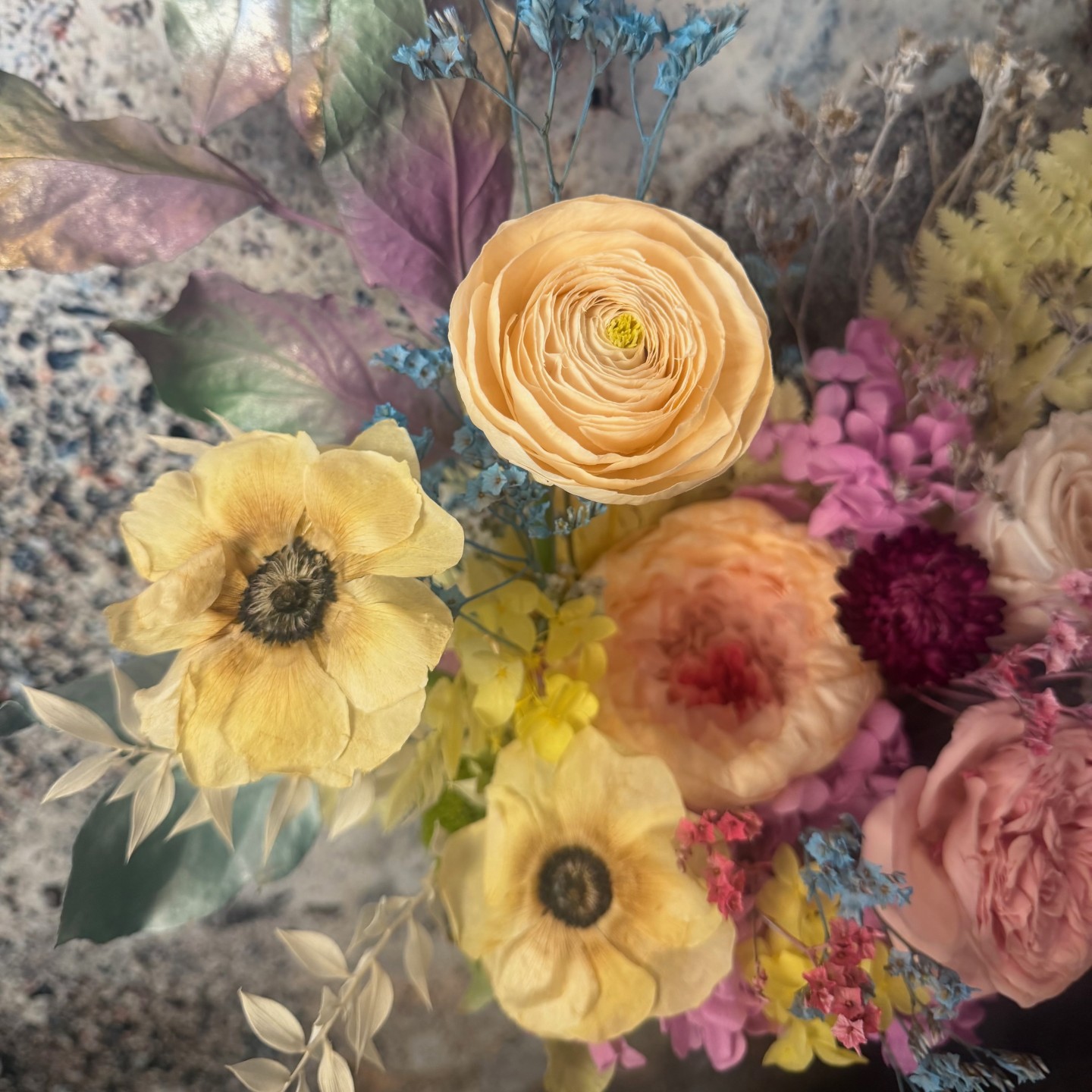 ANNA collection with preserved peony, ranunculus, anemones, anturiums in ceramic vase