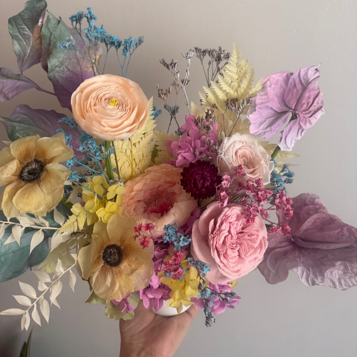 ANNA collection with preserved peony, ranunculus, anemones, anturiums in ceramic vase