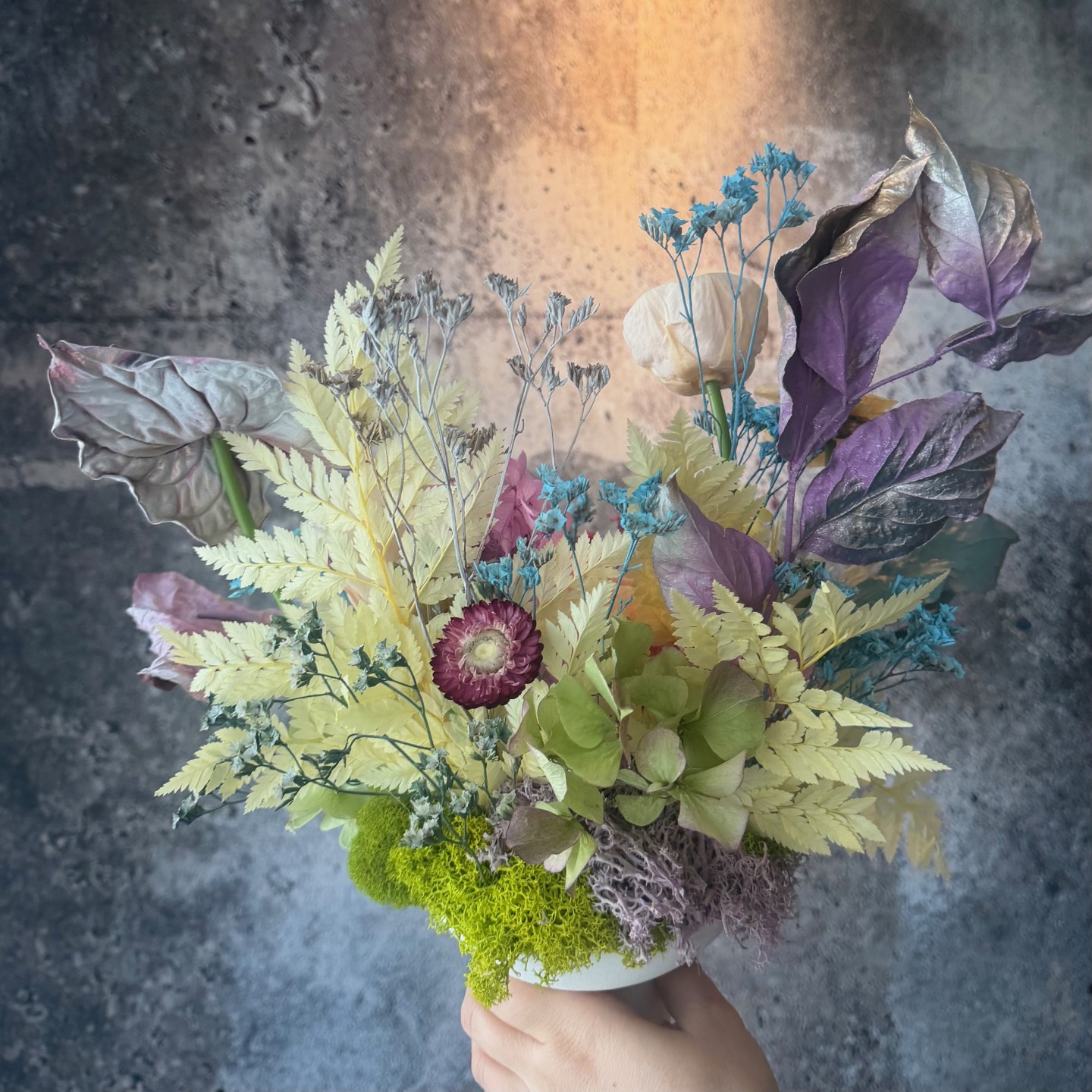 ANNA collection with preserved peony, ranunculus, anemones, anturiums in ceramic vase