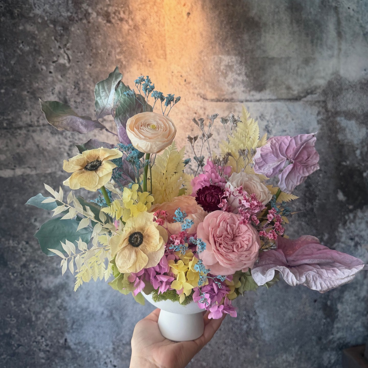 ANNA collection with preserved peony, ranunculus, anemones, anturiums in ceramic vase