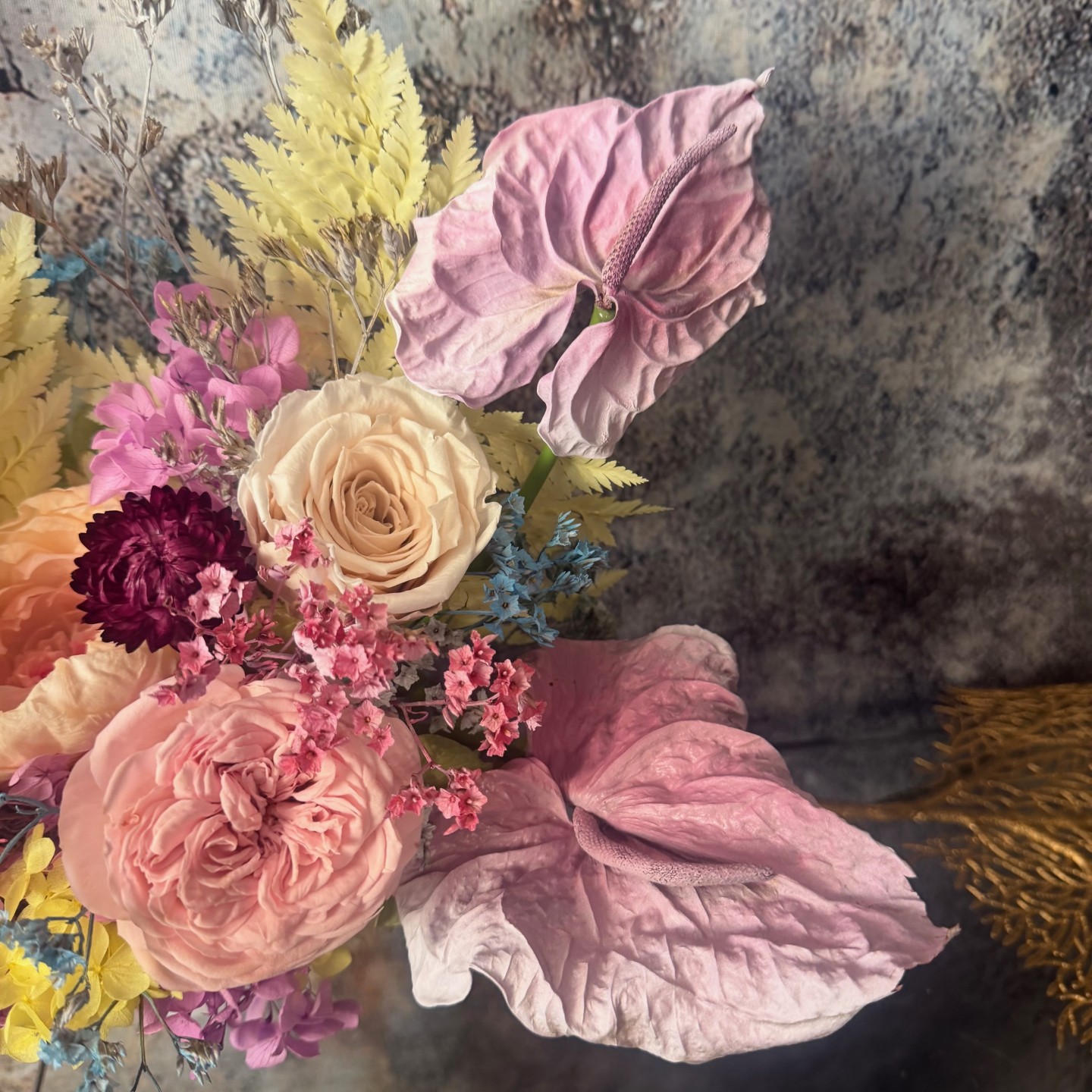 ANNA collection with preserved peony, ranunculus, anemones, anturiums in ceramic vase