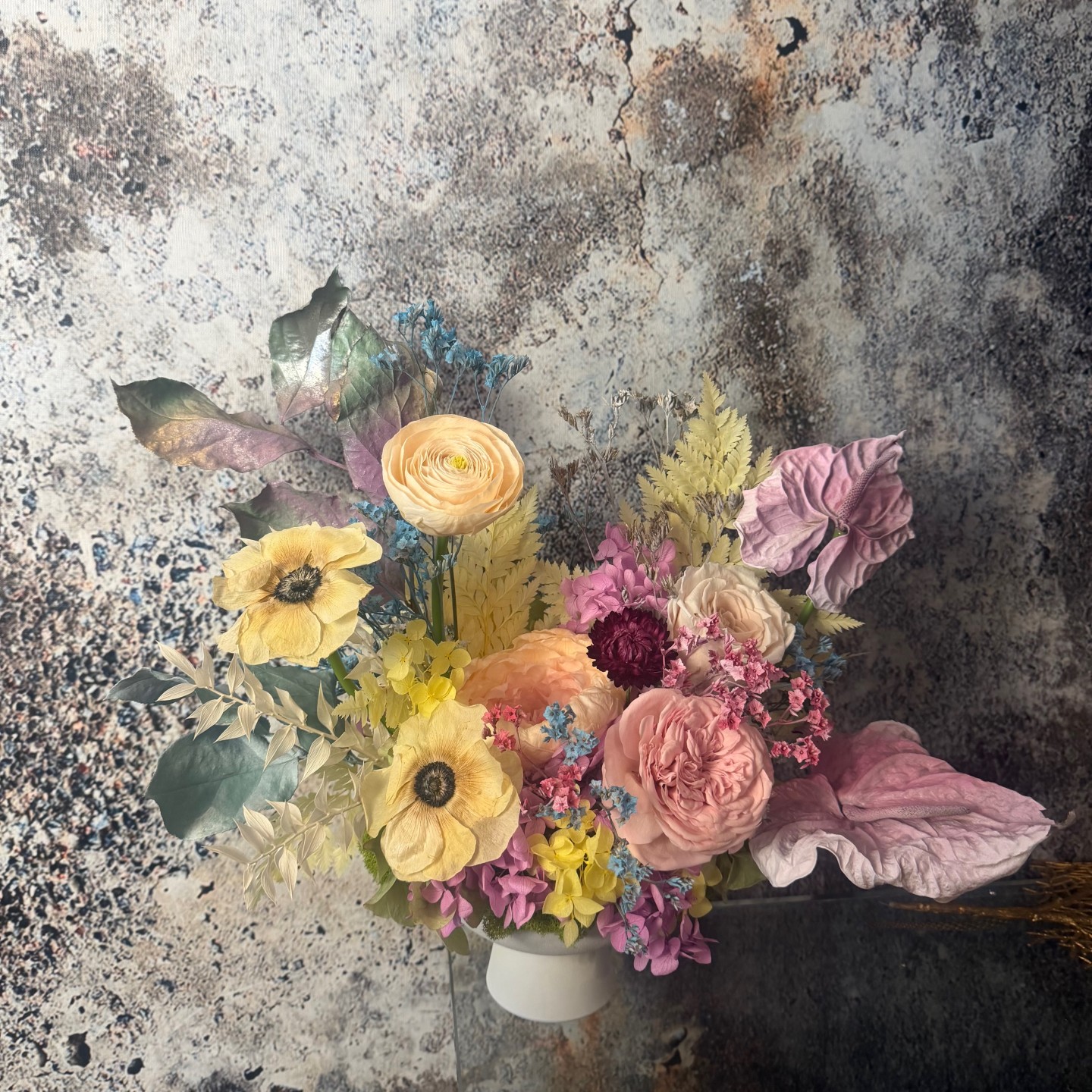 ANNA collection with preserved peony, ranunculus, anemones, anturiums in ceramic vase