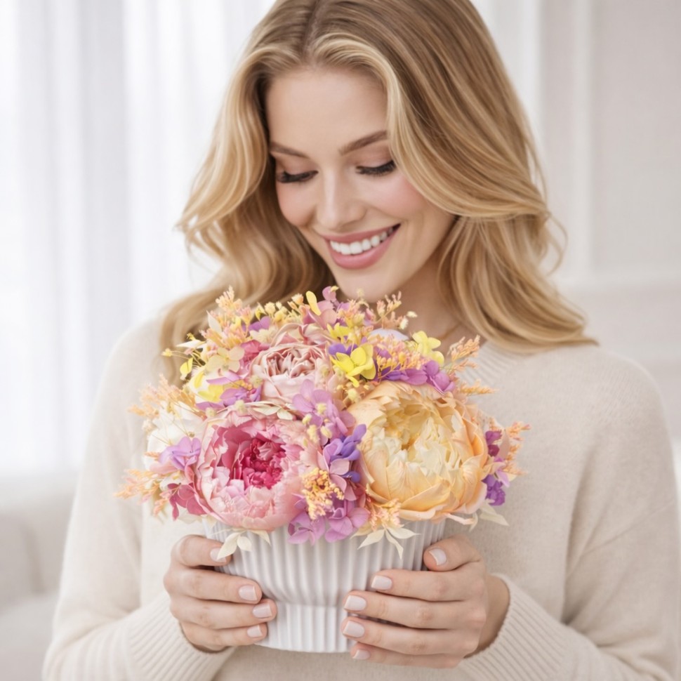 MARIA collection Vase with preserved peonies, roses and hydrangeas