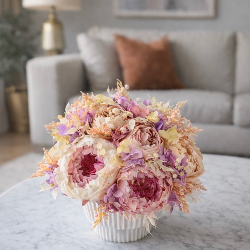 MARIA collection Vase with preserved peonies, roses and hydrangeas