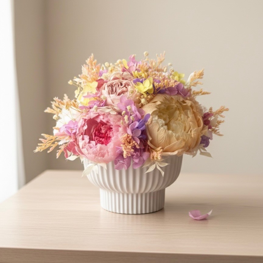 MARIA collection Vase with preserved peonies, roses and hydrangeas
