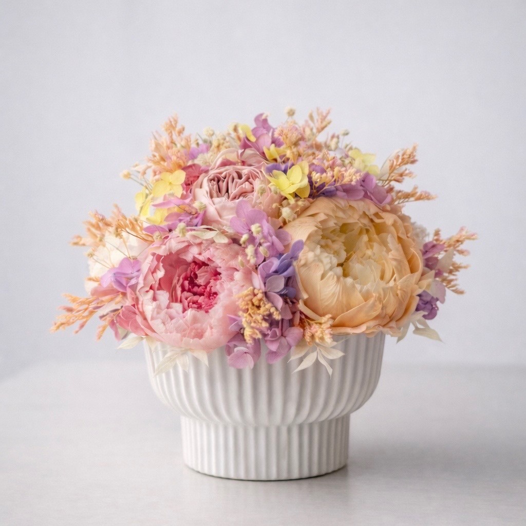 MARIA collection Vase with preserved peonies, roses and hydrangeas