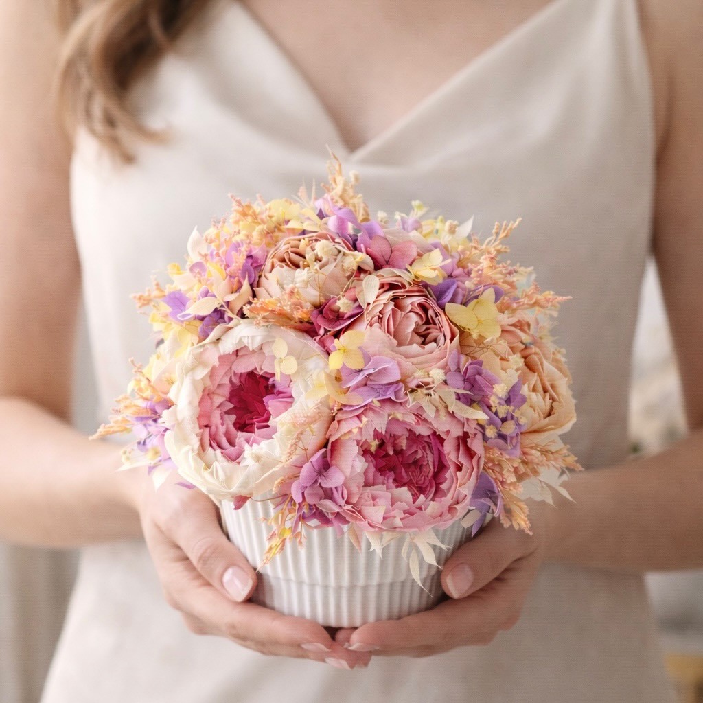 MARIA collection Vase with preserved peonies, roses and hydrangeas