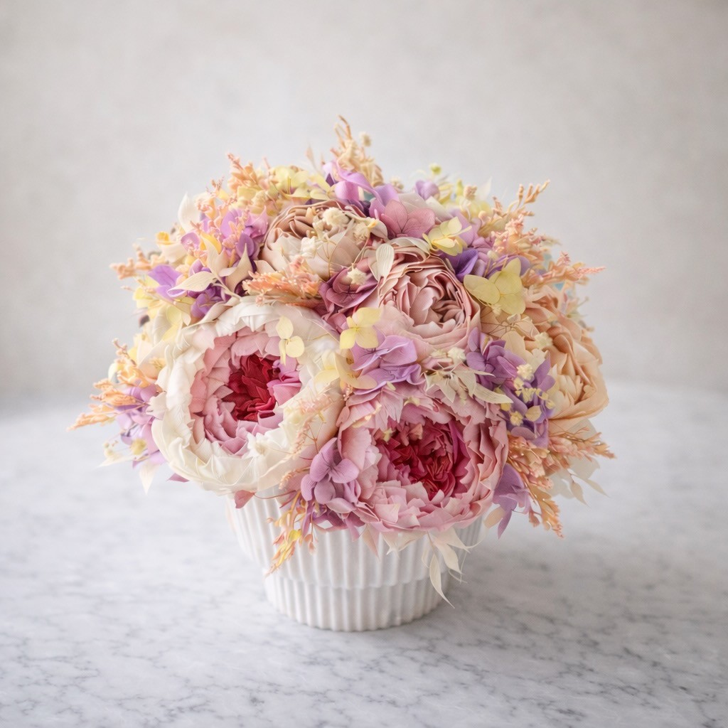 MARIA collection Vase with preserved peonies, roses and hydrangeas