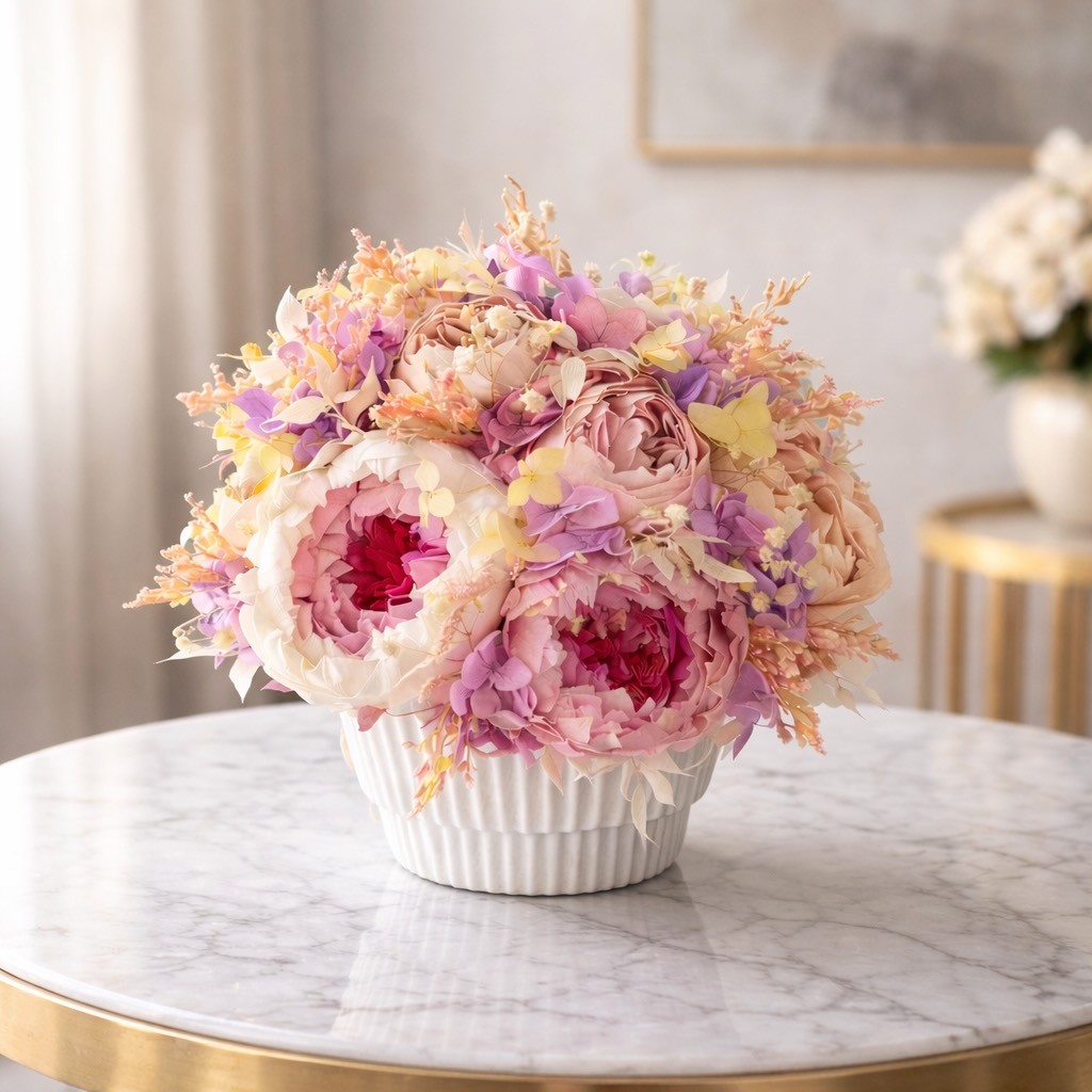 MARIA collection Vase with preserved peonies, roses and hydrangeas