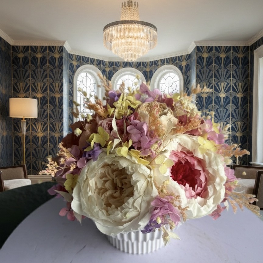 MARIA collection Vase with preserved peonies, roses and hydrangeas