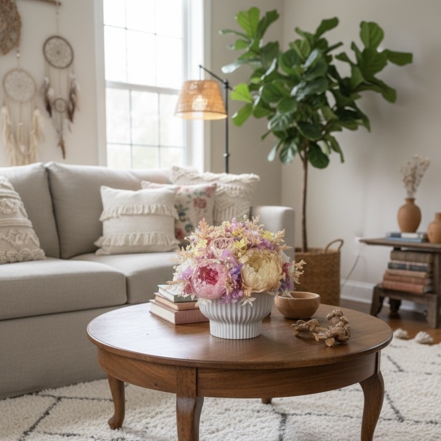 MARIA collection Vase with preserved peonies, roses and hydrangeas