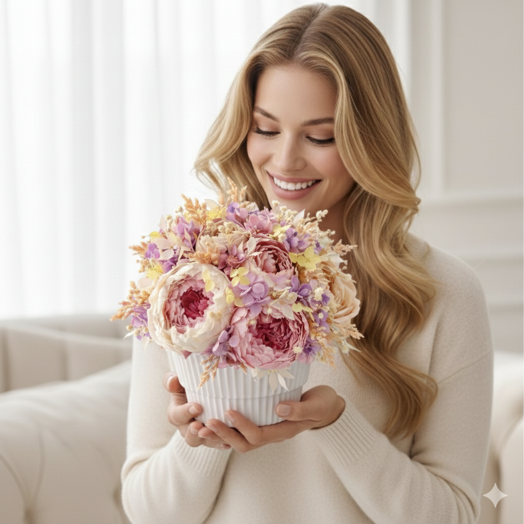 MARIA collection Vase with preserved peonies, roses and hydrangeas